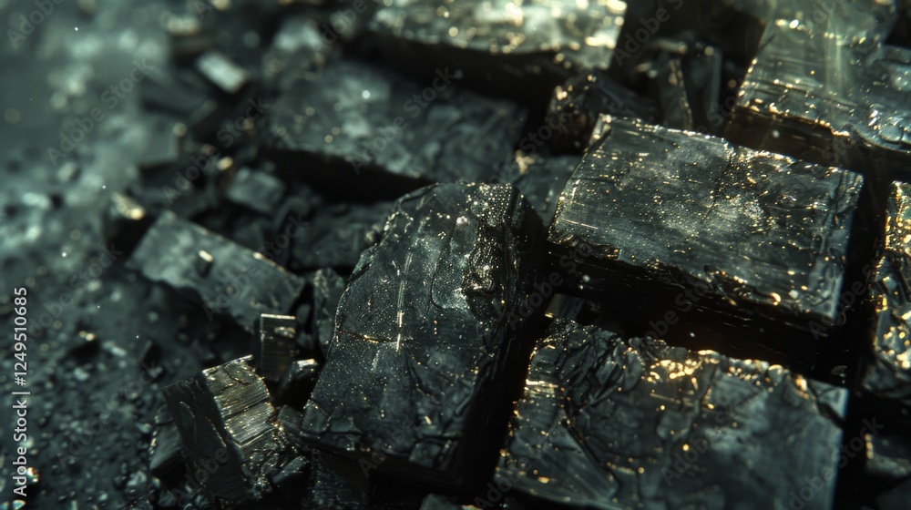 Close up view of shiny black mineral crystals scattered on a dark surface, with reflections of light creating intricate patterns in natural daylight, showcasing the beauty of geology. Close up view of shiny black mineral crystals scattered on a dark surface, with reflections of light creating intricate patterns in natural daylight, showcasing the beauty of geology.