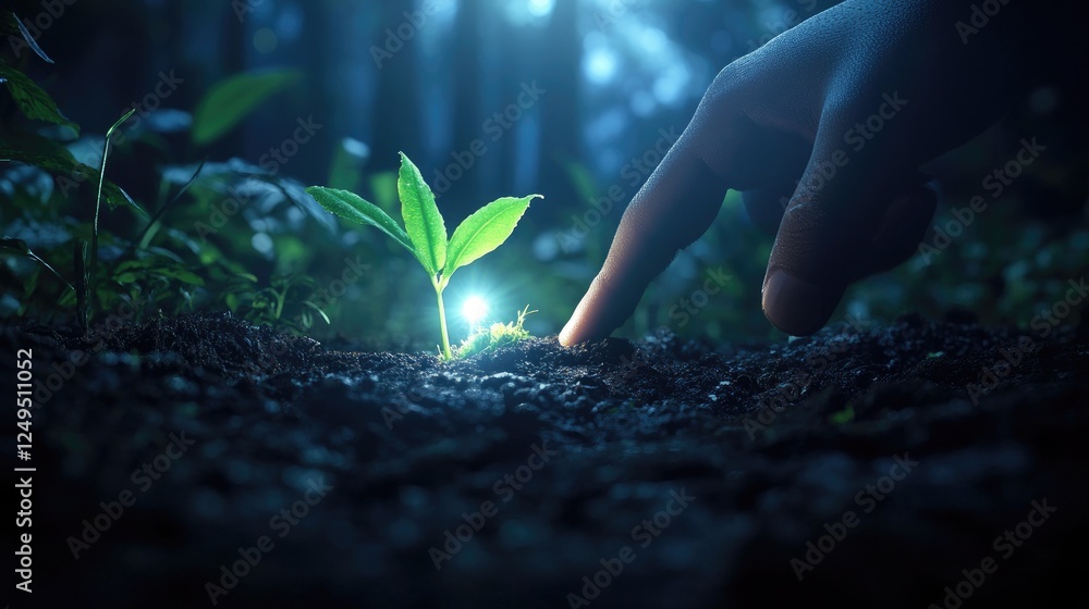 Human Touch Illuminating Young Plant in Moonlit Forest Human Touch Illuminating Young Plant in Moonlit Forest