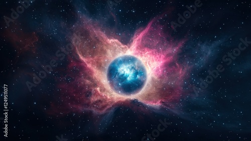 A vibrant cosmic scene featuring a glowing planet surrounded by colorful nebulae and the vastness of space.