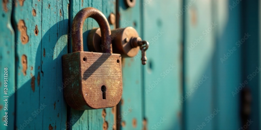 Rusty padlock on weathered teal door, suggesting themes of security, age, and forgotten stories. Rusty padlock on weathered teal door, suggesting themes of security, age, and forgotten stories.