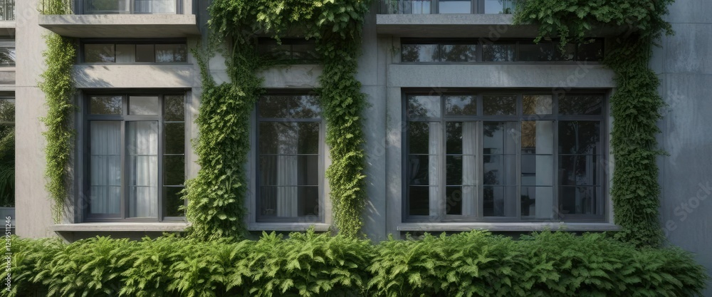 custom made wallpaper toronto digitalPanoramic view of windows surrounded by lush greenery on a gray building facade, texture, environment, growth, facade, building