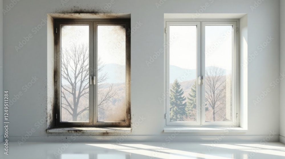 Fototapeta premium Before and After Window Restoration Mold Remediation and Cleaning Reveals a Stunning View