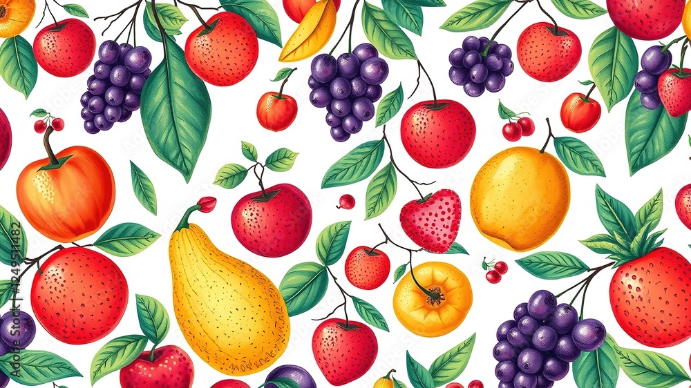 Whimsical Fruit Illustrations Adorned on Ornate Backdrops Whimsical Fruit Illustrations Adorned on Ornate Backdrops