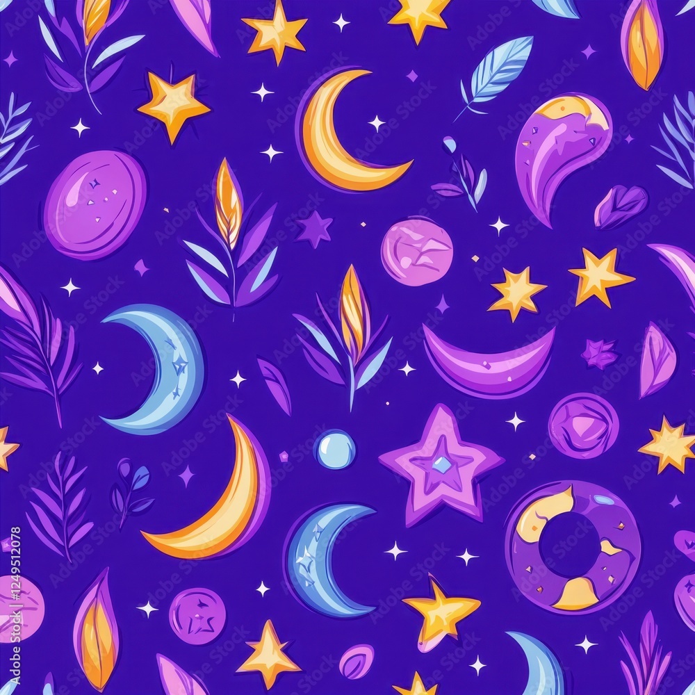 Colorful Cosmic Pattern with Stars, Moons, and Celestial Elements Colorful Cosmic Pattern with Stars, Moons, and Celestial Elements