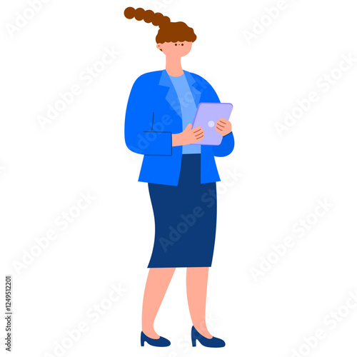 businesswoman with tied hair holding a tablet, standing pose, flat vector illustration