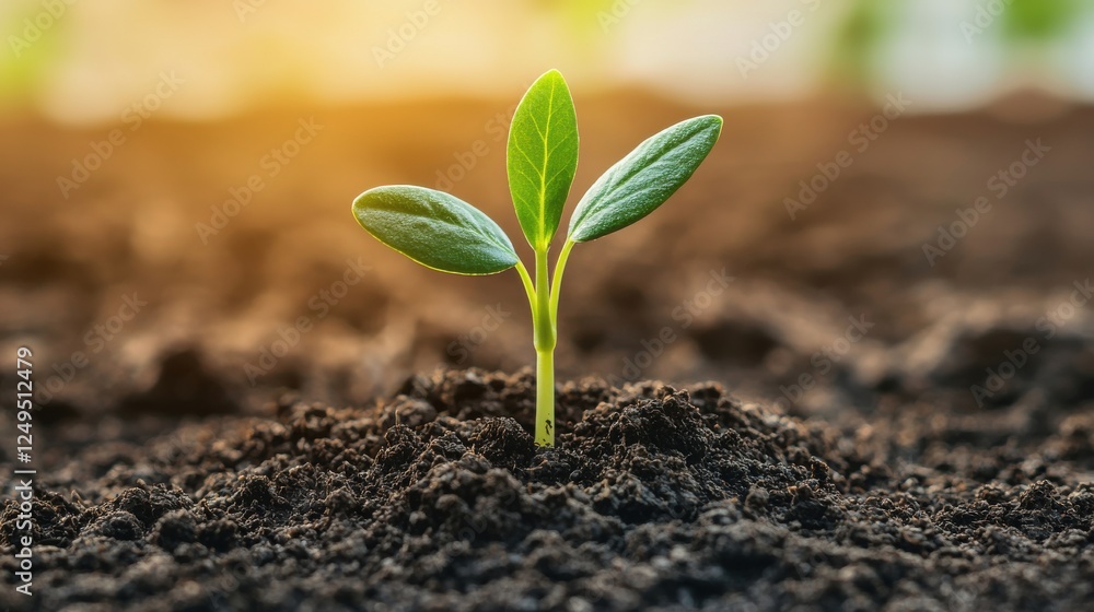 Fototapeta premium A young green plant sprouts from rich soil, symbolizing growth and new beginnings in a warm, sunlit environment.