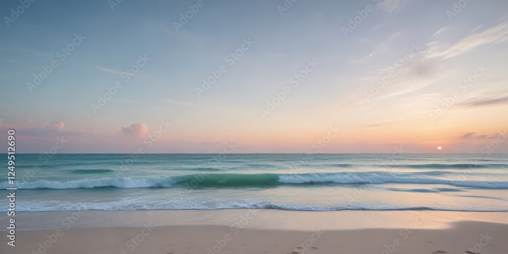 Serene Coastal Sunset Gentle Waves Lap the Sandy Shore at Evening's Soft Embrace Serene Coastal Sunset Gentle Waves Lap the Sandy Shore at Evening's Soft Embrace