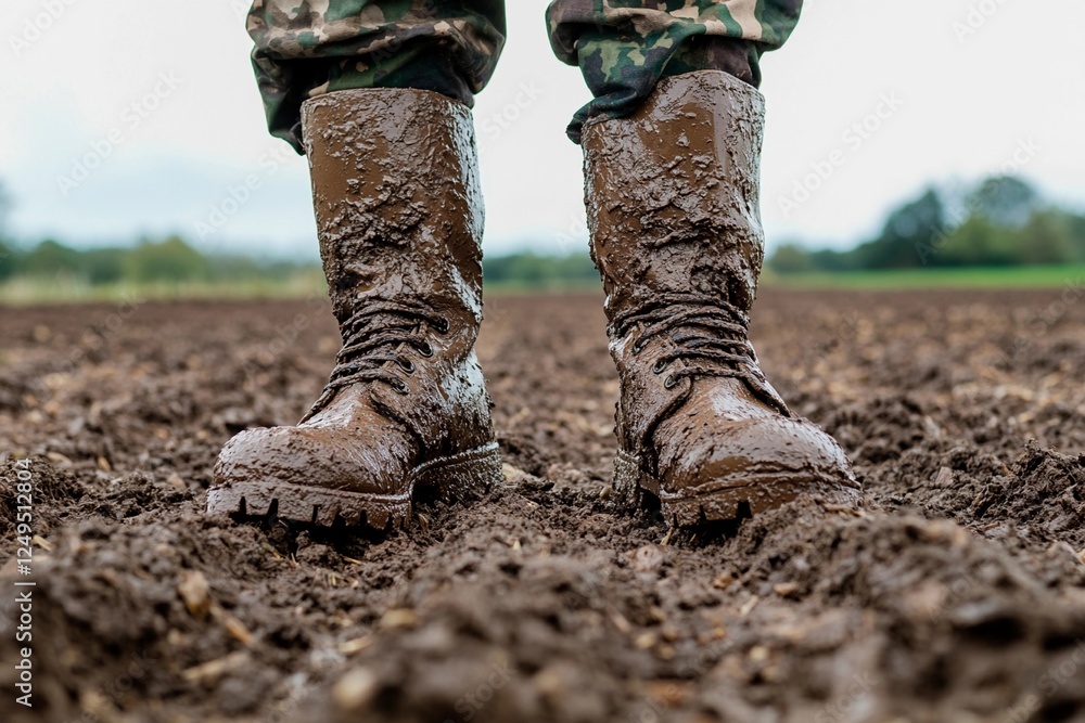 Soldier stands in muddy field showcasing resilience and determination amidst challenging conditions Soldier stands in muddy field showcasing resilience and determination amidst challenging conditions