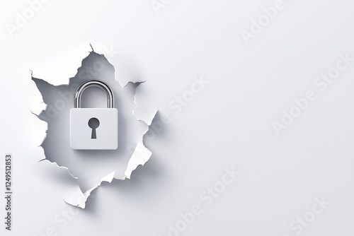 A padlock breaking through paper symbolizes security and protection.