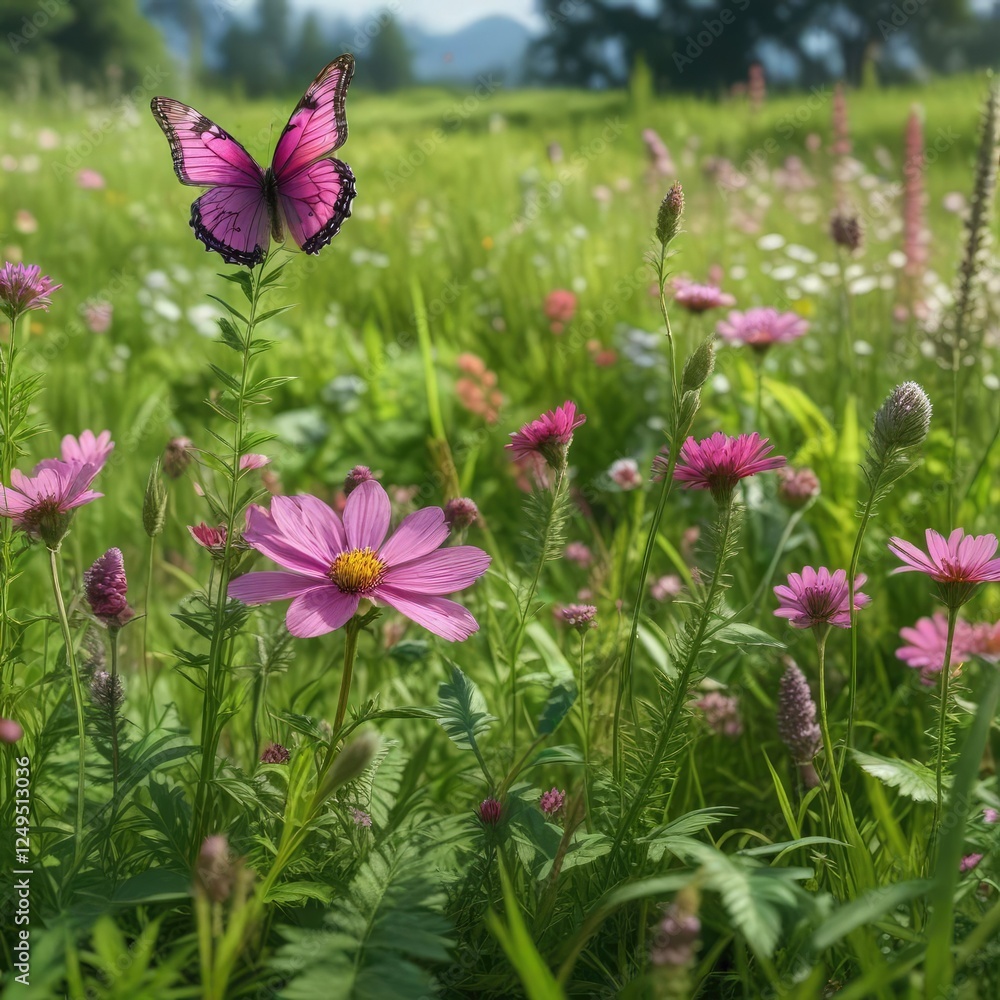 Obraz premium Pink wildflower growing among other flowers and grasses in a lush green meadow with some butterflies nearby, nature, wildflower, plants