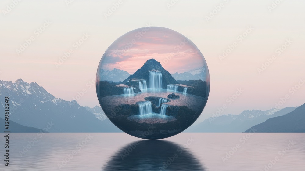 A surreal landscape features a crystal sphere reflecting a mountain and waterfalls, set against a serene, pastel-hued sky. A surreal landscape features a crystal sphere reflecting a mountain and waterfalls, set against a serene, pastel-hued sky.