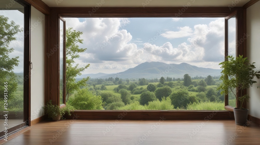 Serene mountain vista viewed through expansive window from inside a minimalist room with hardwood floors and potted plants