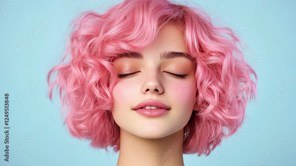 Serene Woman with Pink Hair and Soft Smile on Light Blue Background Serene Woman with Pink Hair and Soft Smile on Light Blue Background