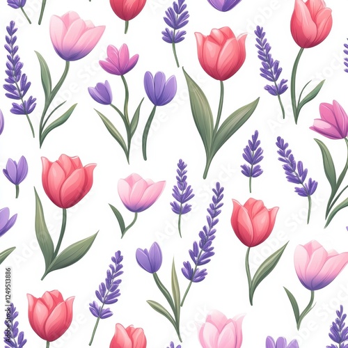 Wallpaper Mural Colorful Floral Pattern with Tulips and Lavender on White Background Torontodigital.ca