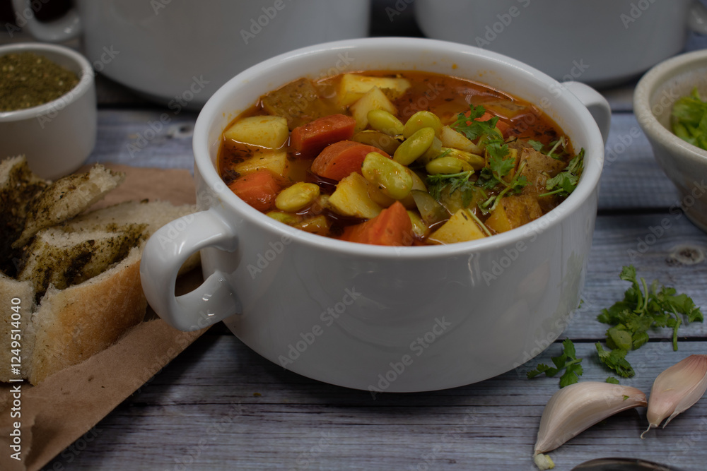 Potato, carrot and lima beans soup in white bowls on wooden backround, served with herb bread Potato, carrot and lima beans soup in white bowls on wooden backround, served with herb bread