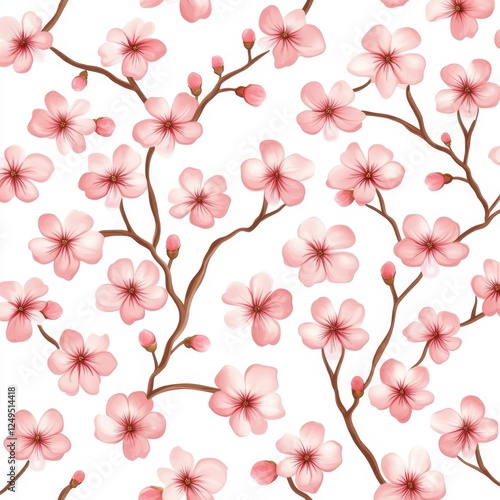 Delicate Cherry Blossom Floral Pattern on White Background