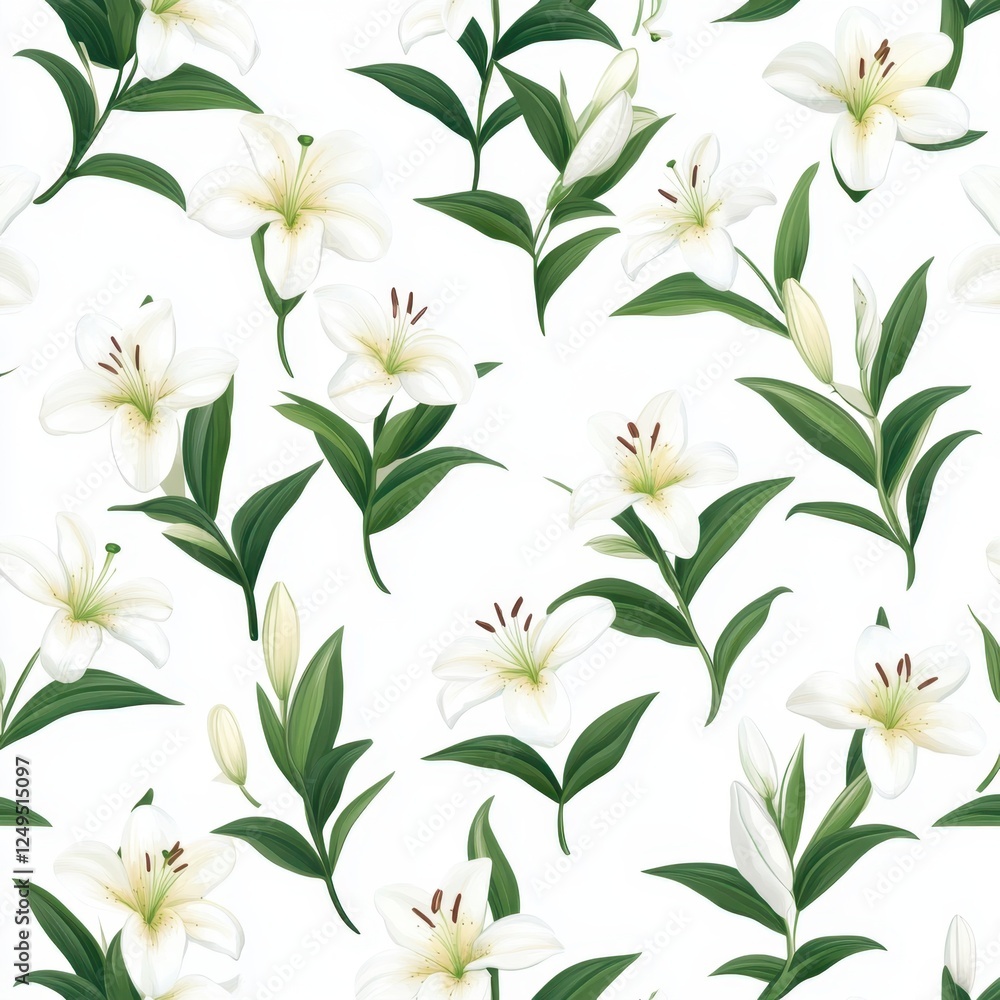 Elegant Floral Pattern with White Lilies and Green Leaves Design Elegant Floral Pattern with White Lilies and Green Leaves Design
