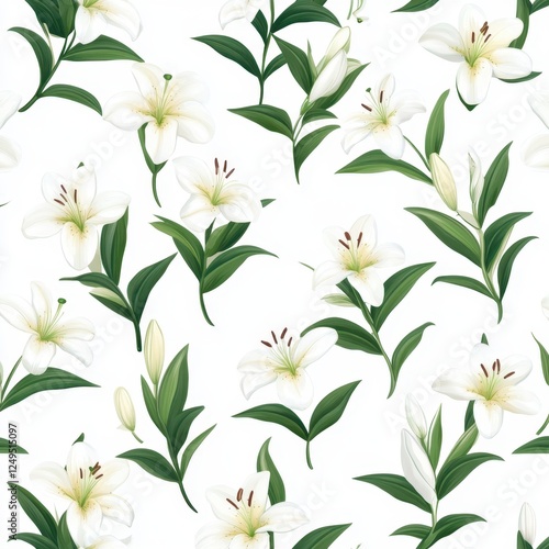 Elegant Floral Pattern with White Lilies and Green Leaves Design