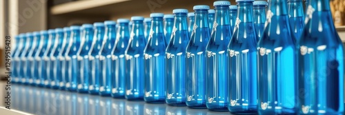 Row of identical blue bottles stacked on a table, glass bottle, packaged goods, refreshing drink