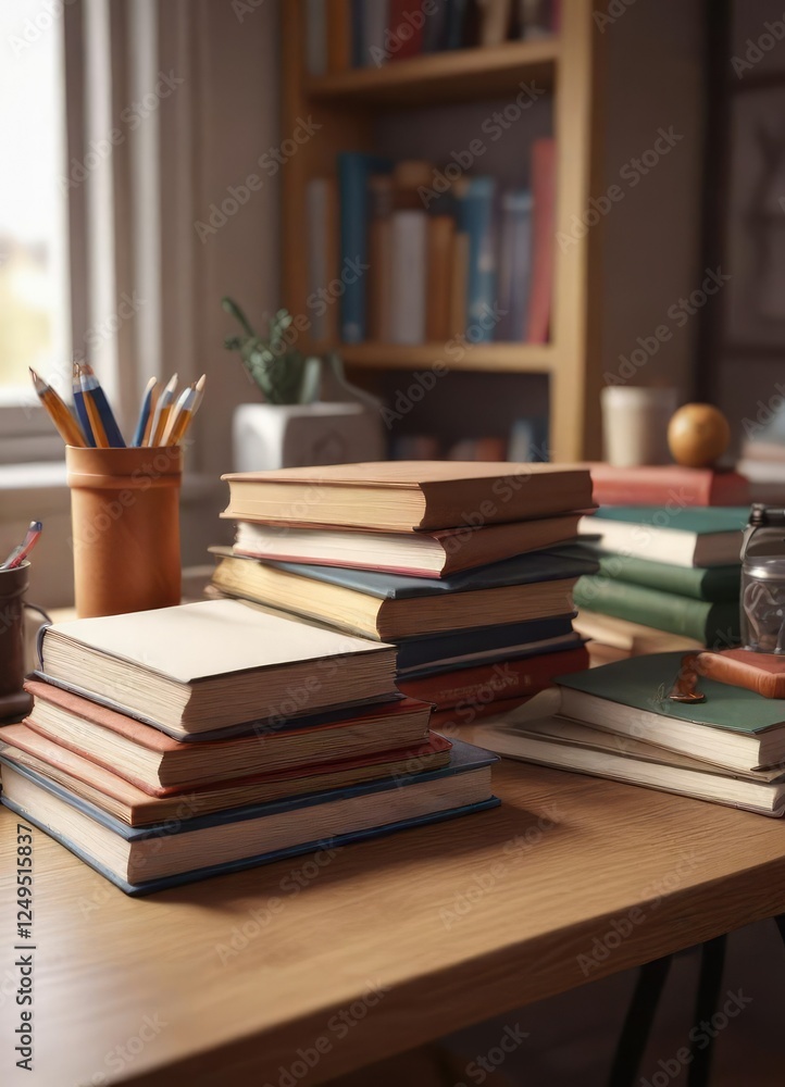 School books and reading materials on student desk, school projects, academic materials, textbooks. School books and reading materials on student desk, school projects, academic materials, textbooks.