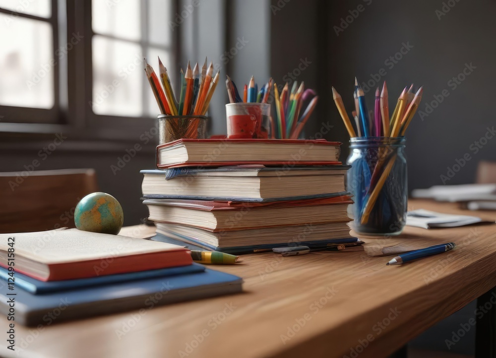 School books with school supplies on the desk, learning materials, studying School books with school supplies on the desk, learning materials, studying