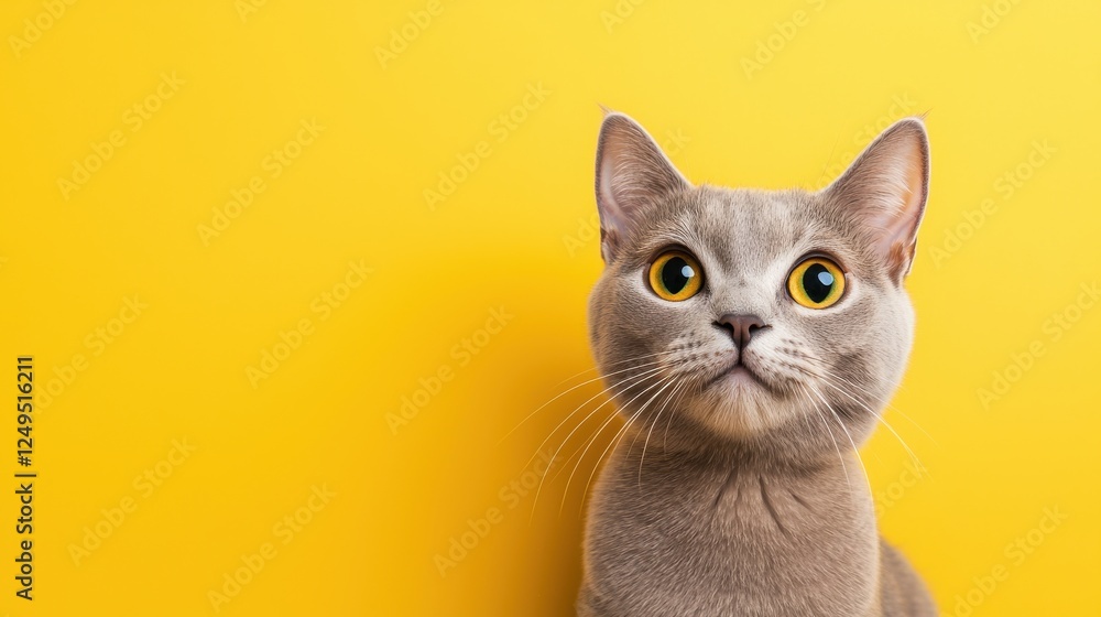 A curious gray cat with large yellow eyes sits against a bright yellow background, showcasing its expressive face and unique fur color. A curious gray cat with large yellow eyes sits against a bright yellow background, showcasing its expressive face and unique fur color.