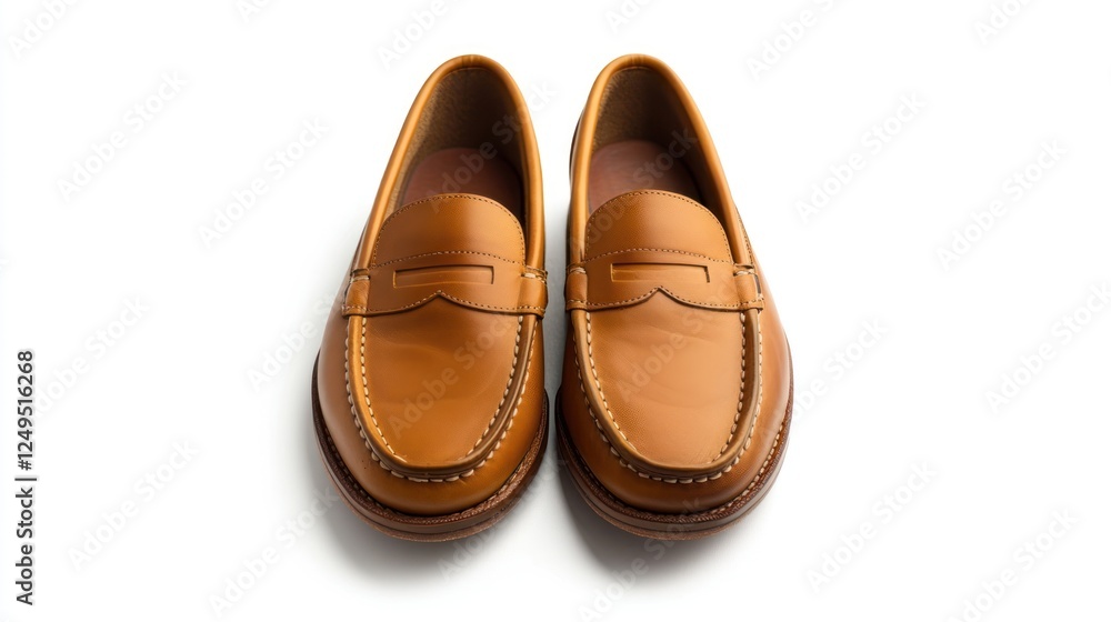 A casual pair of tan-colored loafers with a comfortable design, placed neatly on a bright white background A casual pair of tan-colored loafers with a comfortable design, placed neatly on a bright white background