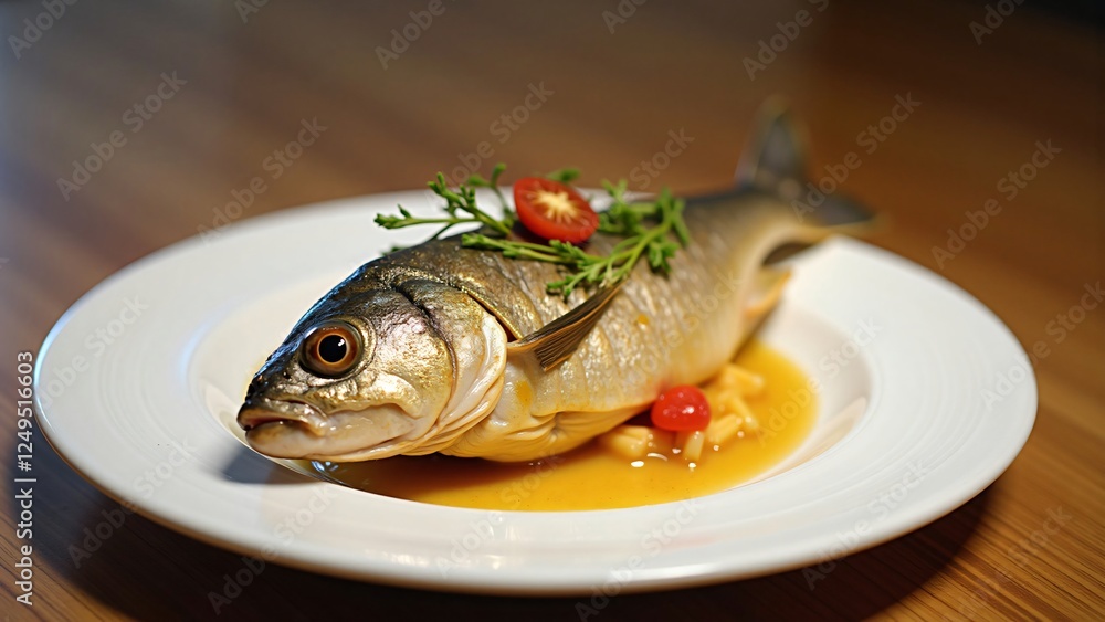Gourmet Steamed Fish Dish with Herbs and Sauce Gourmet Steamed Fish Dish with Herbs and Sauce