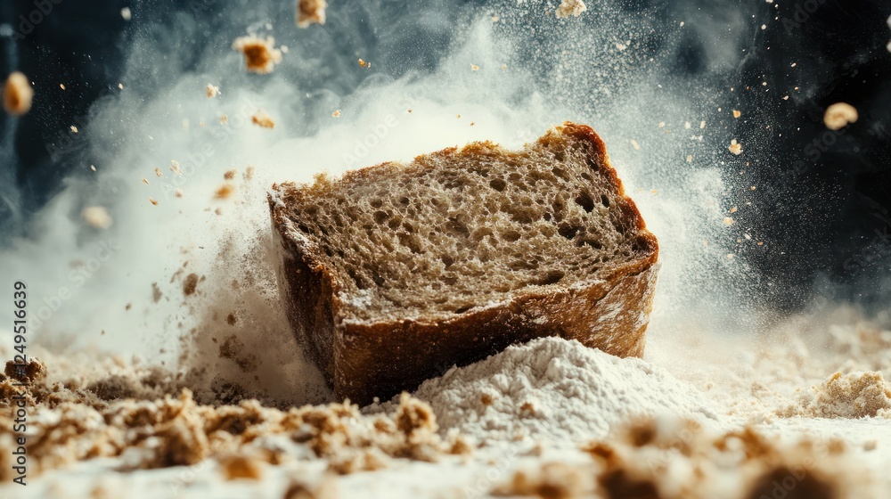 Fototapeta premium A cinematic shot capturing the moment a crusty slice of rye bread disintegrates into fragments