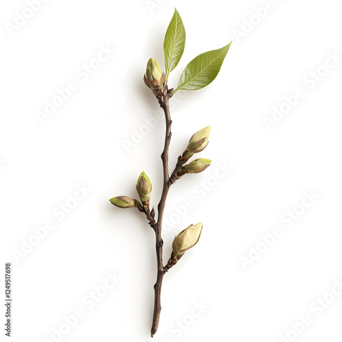 Fresh Budding Branch with Green Leaves on White Isolated Background

