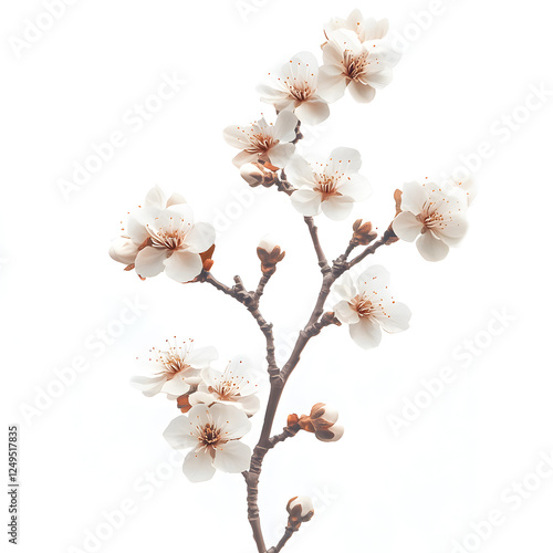 Delicate Cherry Blossom Branch with White Petals on Isolated Background

