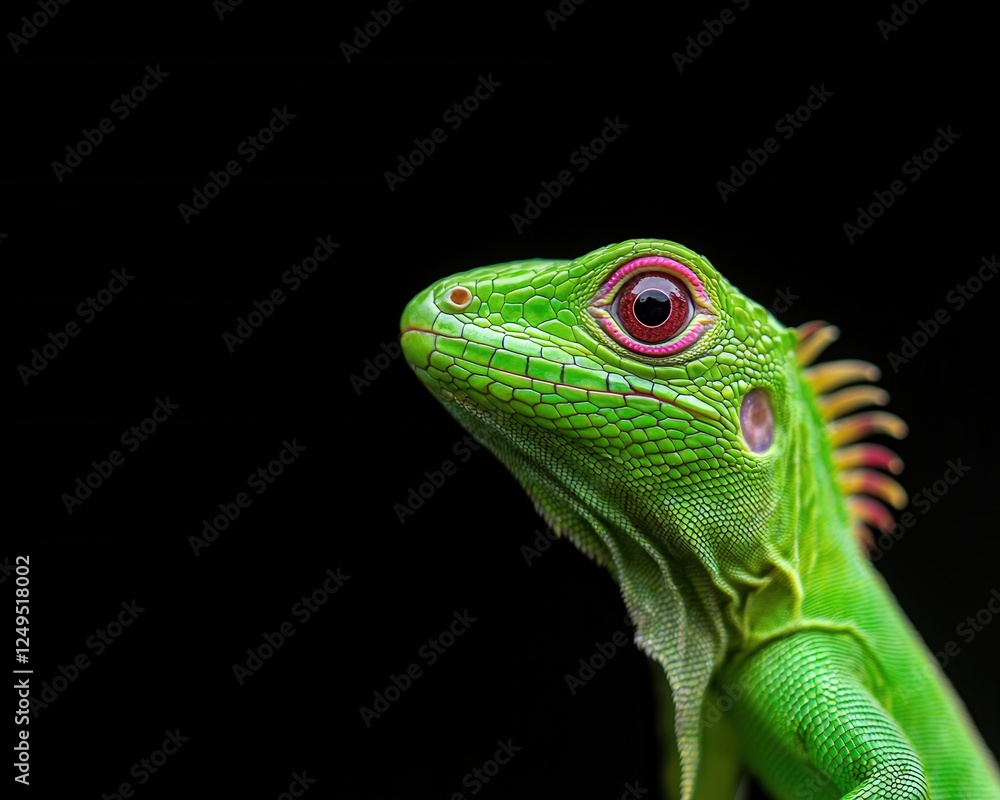 Obraz premium Close-up of a vibrant green lizard with striking features on a dark background.