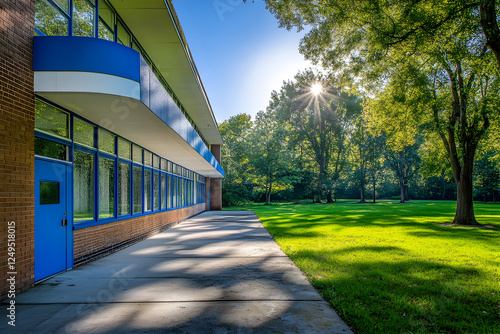 Modern School Building Exterior with Glass Windows and Lush Green Lawn in Bright Sunny Day

