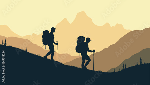 Hiking man Silhouette. hiking man with rucksacks silhouette. hiker with backpack, vector silhouettes. mountaineer climber hiker people. Backpacker. walking with the aid of trekking poles.