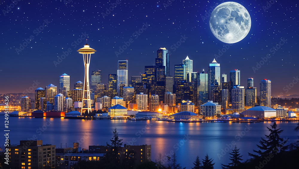 Fototapeta premium Panorama of the city of Seattle, Washington State, United States of America, beautiful night 