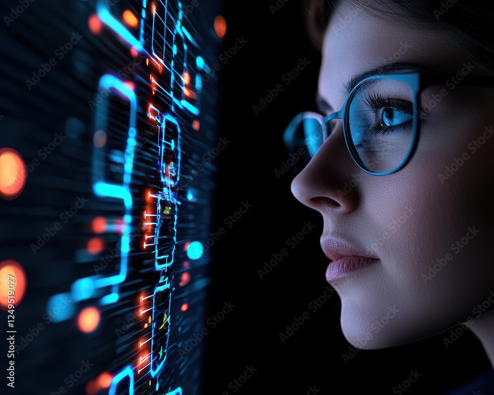 Focused woman analyzing digital data on a futuristic interface. Focused woman analyzing digital data on a futuristic interface.