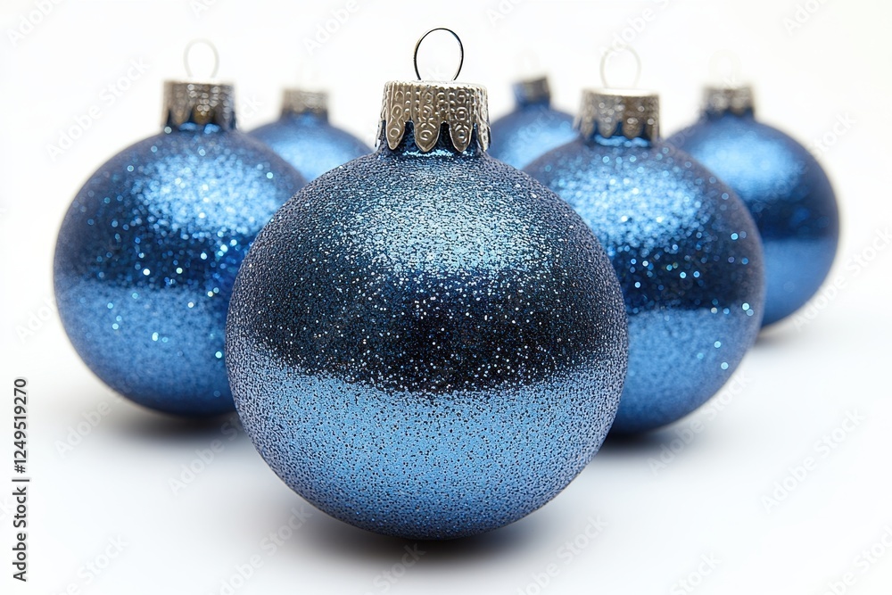 A group of shiny blue Christmas ornaments with glittery surfaces. A group of shiny blue Christmas ornaments with glittery surfaces.