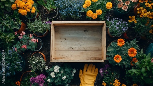 Fototapeta Naklejka Na Ścianę i Meble -  An overhead shot of gardening tools and flower sets