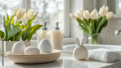 Elegant and airy bathroom with subtle easter decor featuring tulips and decorative eggs. concept of seasonal home decor, spring refresh, tranquil interior design photo