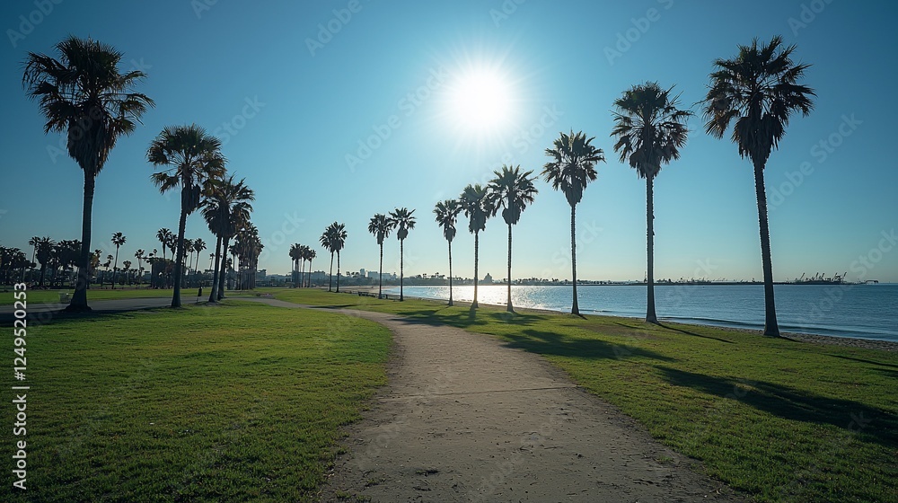 Coastal path, palm trees, sunny beach, ocean view, summer vacation Coastal path, palm trees, sunny beach, ocean view, summer vacation