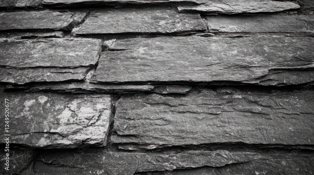 Close-up grayscale texture of overlapping slate stone tiles. Close-up grayscale texture of overlapping slate stone tiles.