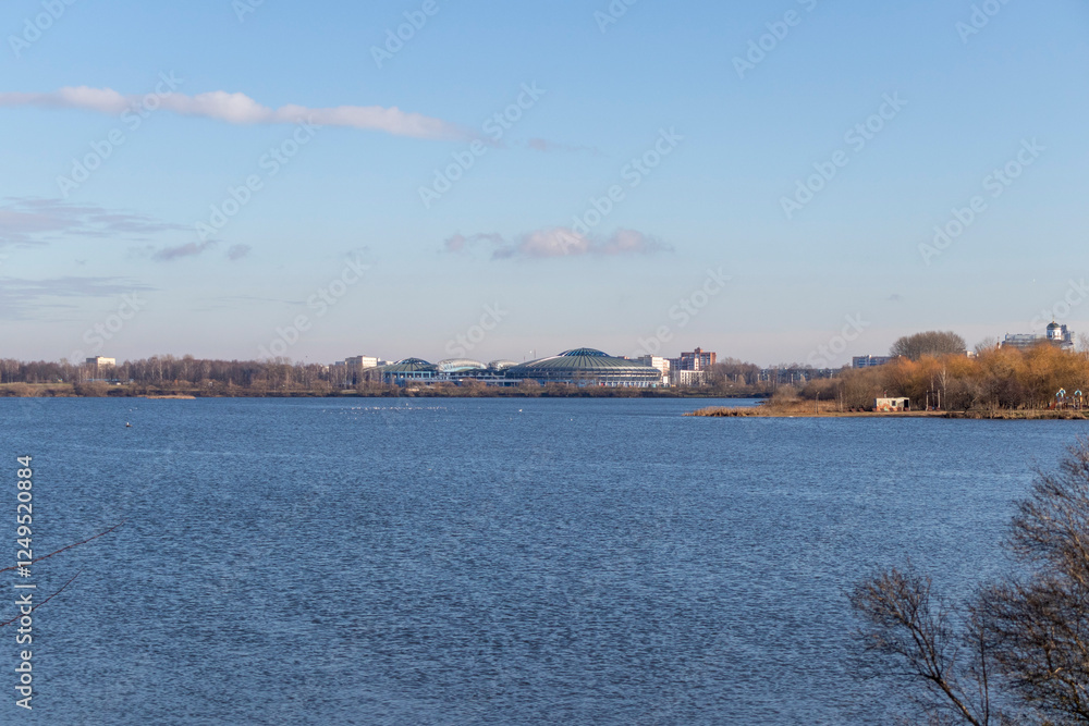 Shot of the modern city on the bank of the river. Urban Shot of the modern city on the bank of the river. Urban
