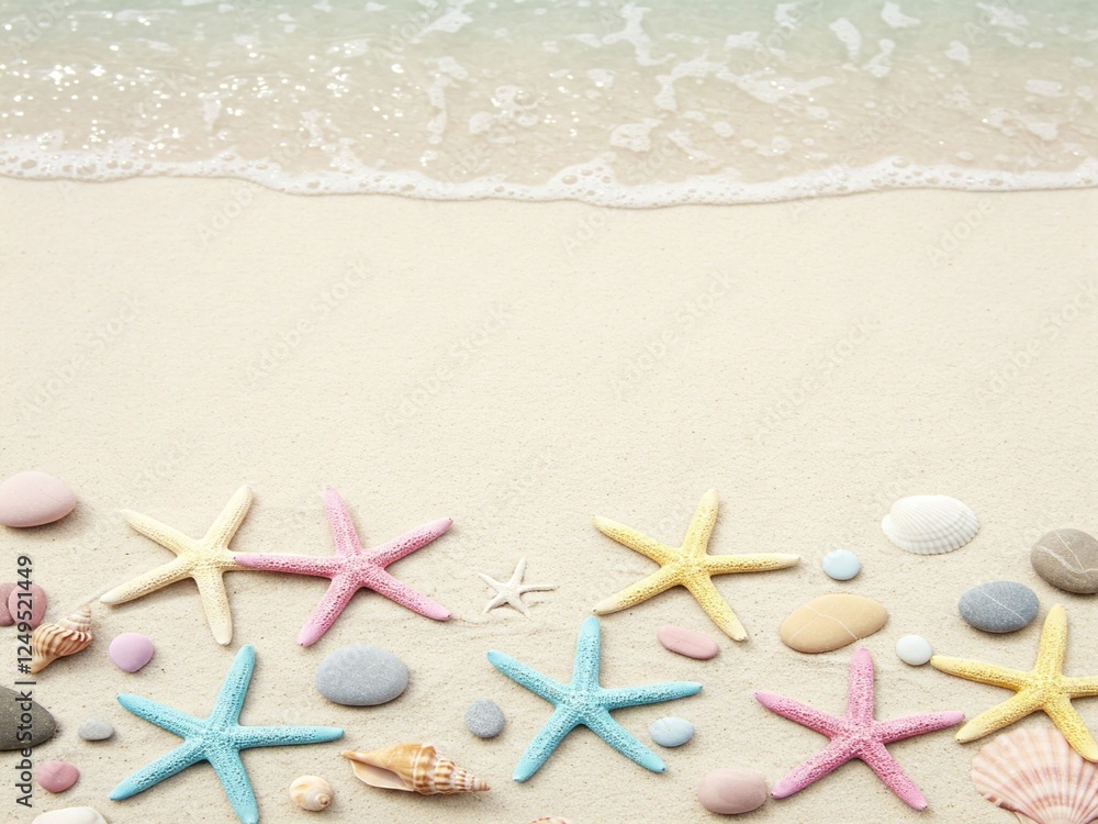 Summer Beach Background with Shells and Waves Summer Beach Background with Shells and Waves
