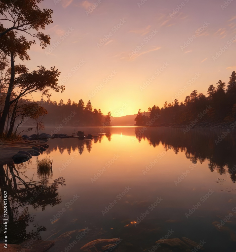Softly glowing orange hues in the background of a serene lake scene at dusk, natural serenity, sunset glow