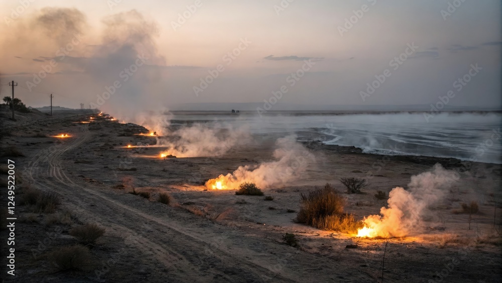 Fototapeta premium Softly glowing wisps of smoke waft across a desolate wasteland, casting an unsettling glow, abandoned terrain, glowing smoke, mysterious radiation, otherworldly light