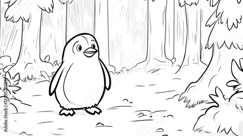 Cute Penguin in Forest, Peaceful Scene, Children's Illustration photo