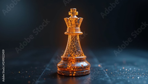 Glowing amber chess king piece on a reflective surface