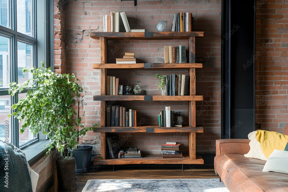 Wooden bookshelf with five shelves against a brick wall in a modern living room, reclaimed decor Wooden bookshelf with five shelves against a brick wall in a modern living room, reclaimed decor