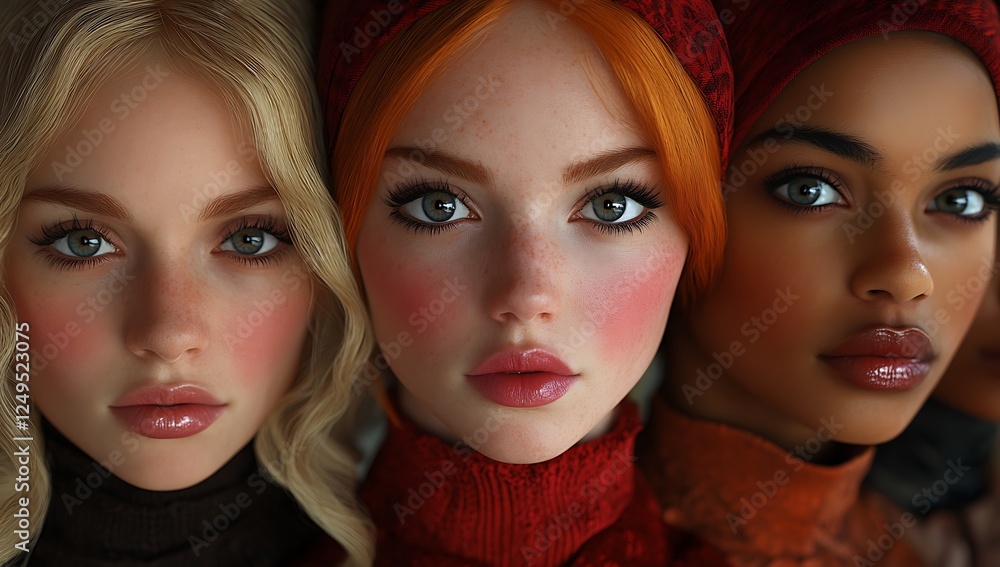 Three Individuals in Festive Attire with Warm Lighting Three Individuals in Festive Attire with Warm Lighting