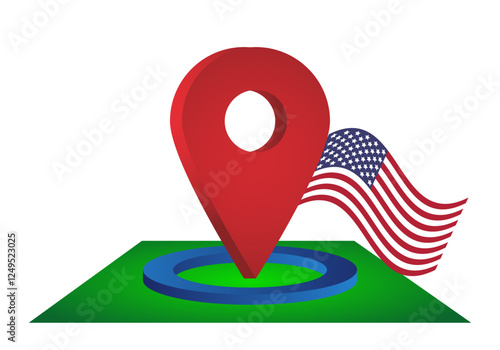 Simbolo en 3D de ubicación con la bandera de EEUU sobre un círculo azul sobre suelo verde